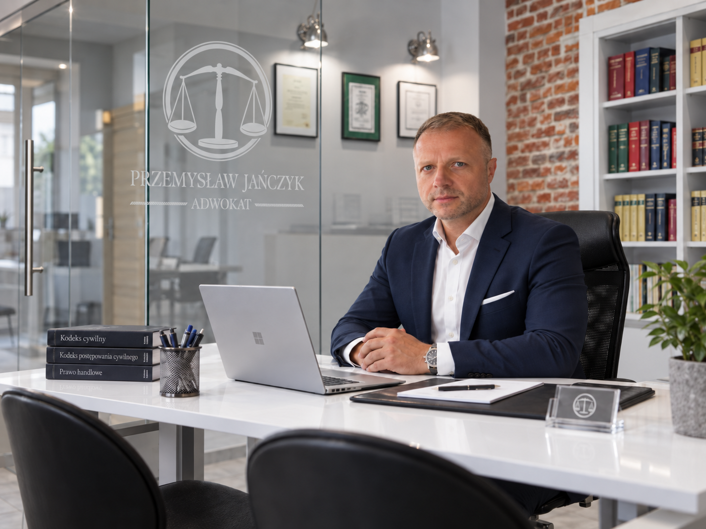 Przemysław Jańczyk przy biurku, w kancelarii z logo na szklanej ścianie